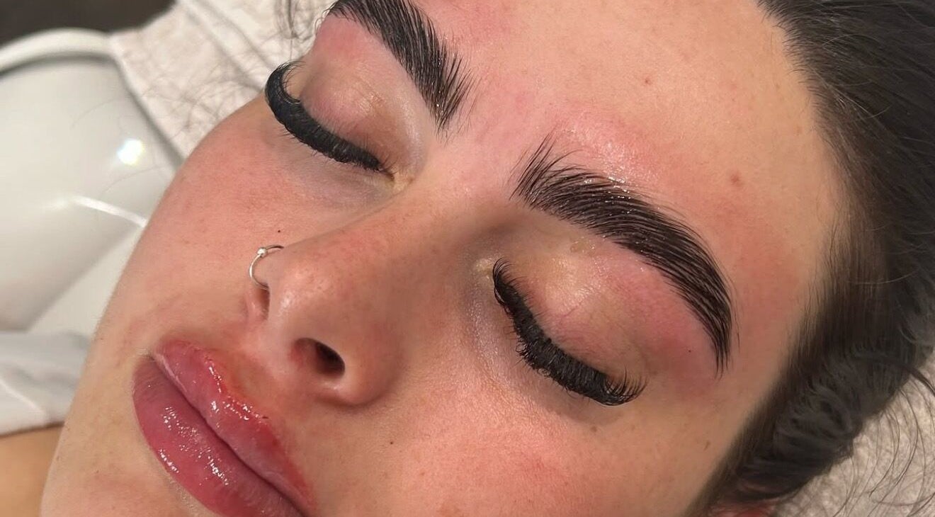 Close-up of perfectly groomed brows and lashes at Ruby-Rose Cosmetologist in Bromley, England, GB.