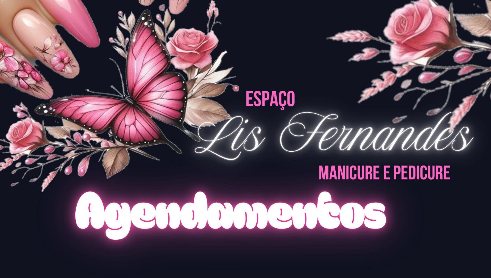 Borboleta rosa e unhas decoradas no Espaço Lis Fernandes, Minas Gerais, BR, destacando flores vibrantes.