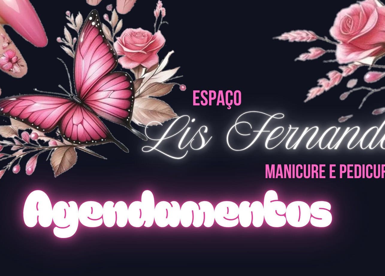 Arte de unhas com borboleta rosa no Espaço Lis Fernandes, Minas Gerais, BR.