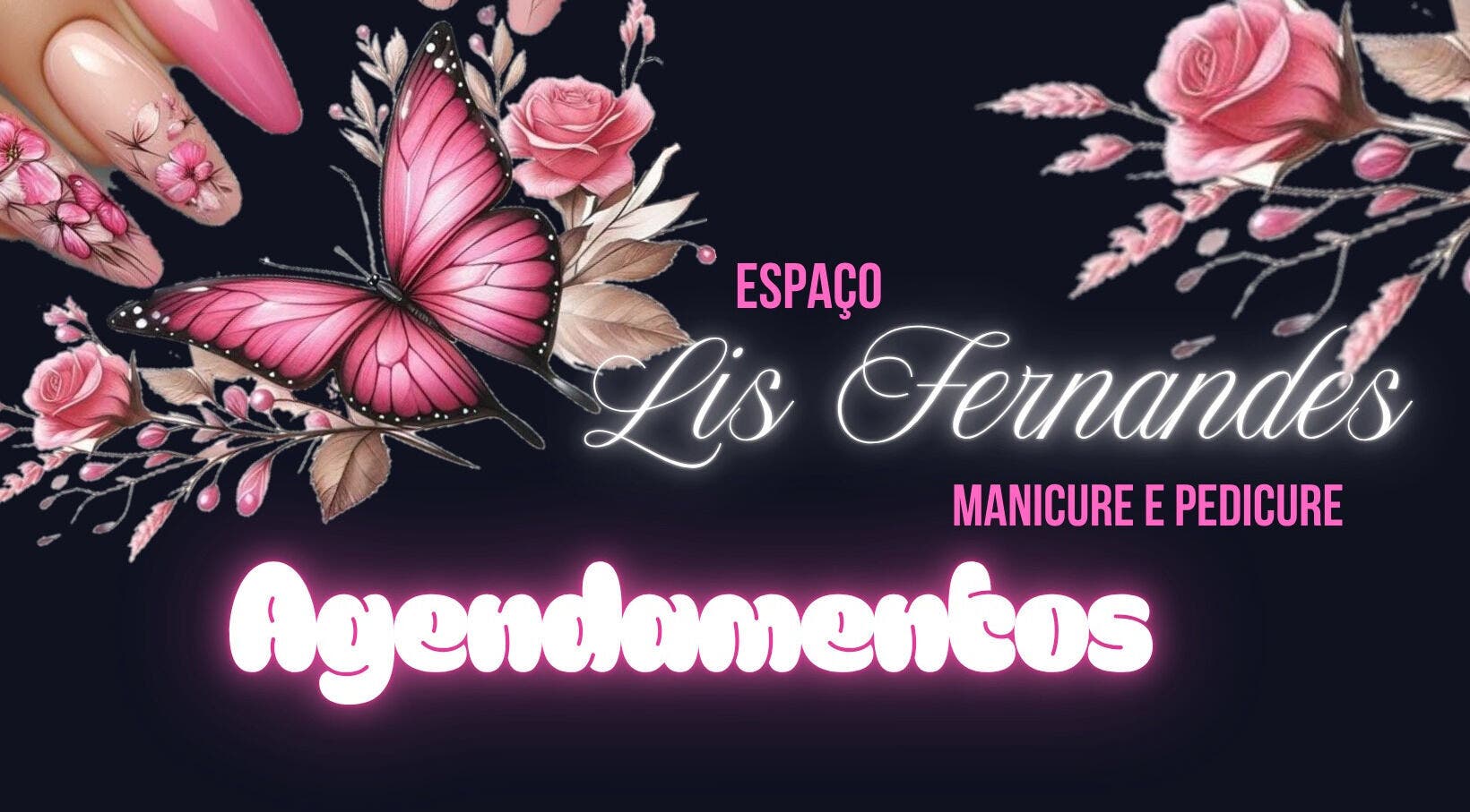 Arte de unhas com borboleta rosa no Espaço Lis Fernandes, Minas Gerais, BR.