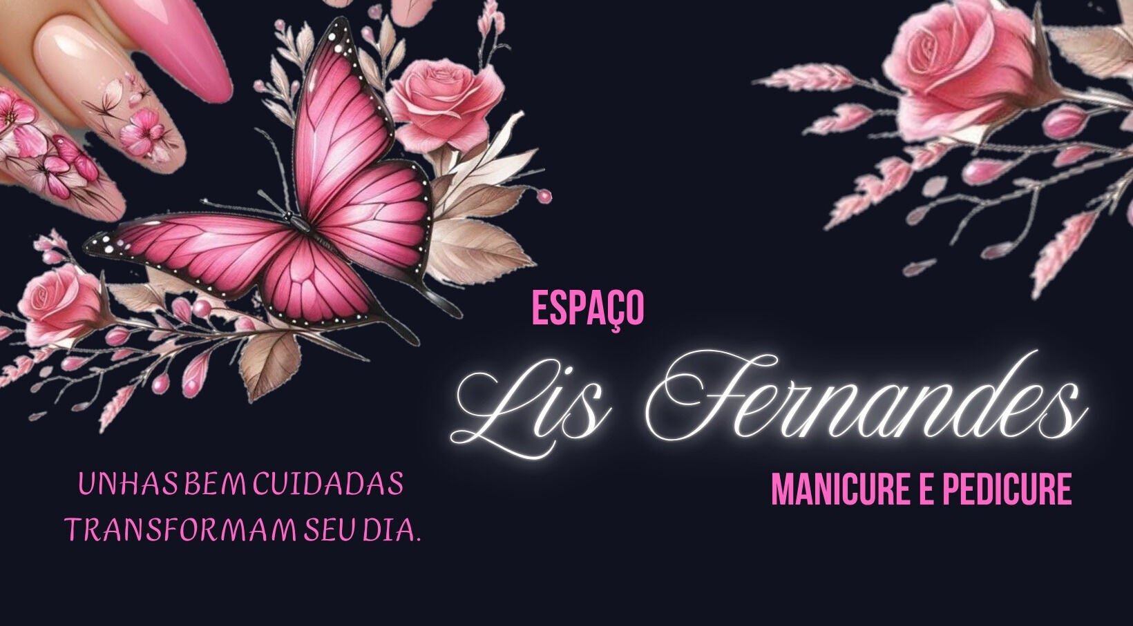 Design de unhas com borboleta rosa no Espaço Lis Fernandes, Minas Gerais, Minas Gerais, BR.