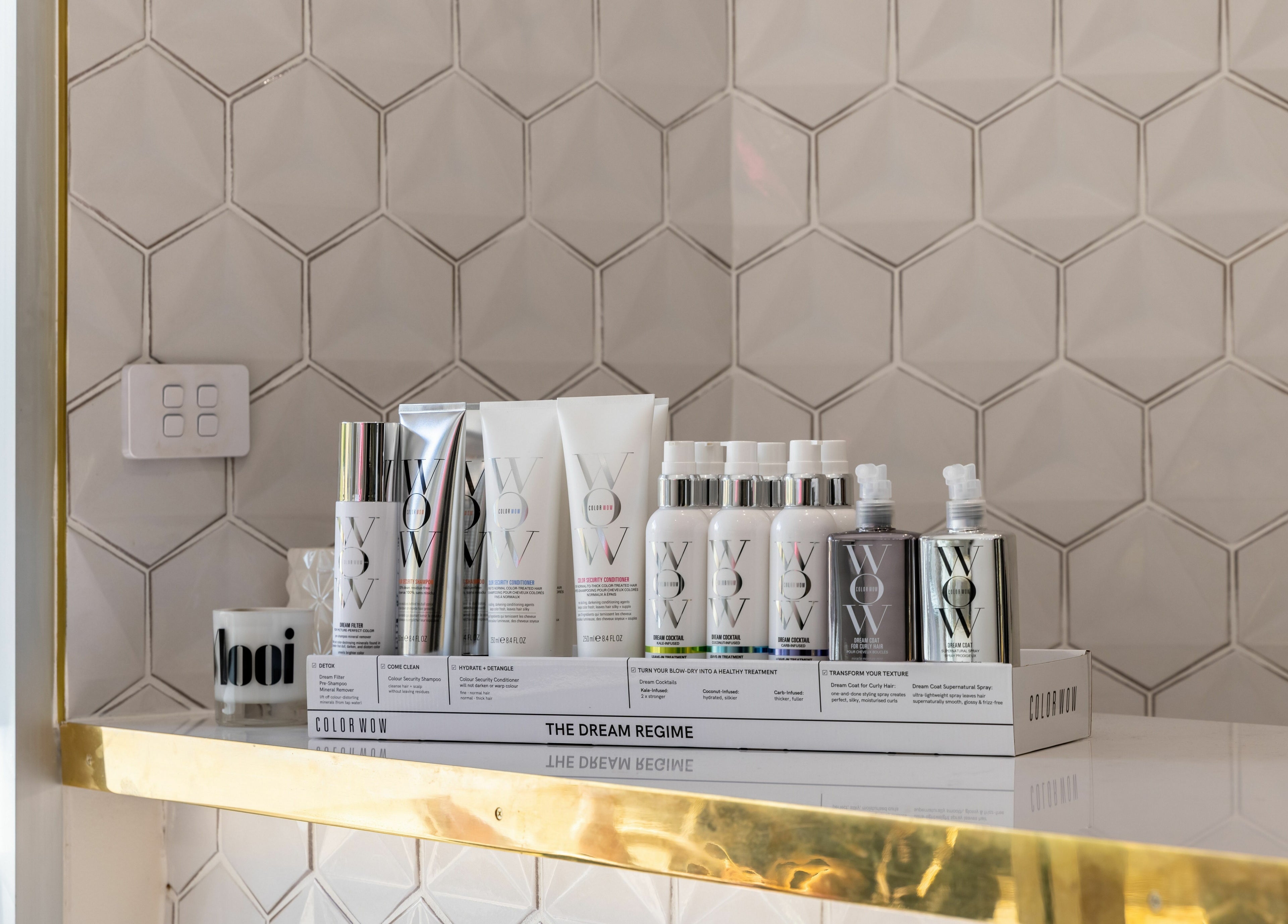 Stylish array of Color Wow products on a shelf at Mooi Hair CBR, Canberra, Australian Capital Territory, AU.