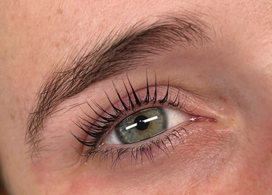 Close-up of styled eyelashes at Beauté by Michèle, North Warnborough, England, GB.