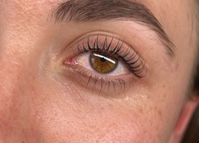 Close-up of beautifully curled eyelashes at Beauté by Michèle, North Warnborough, England, GB.