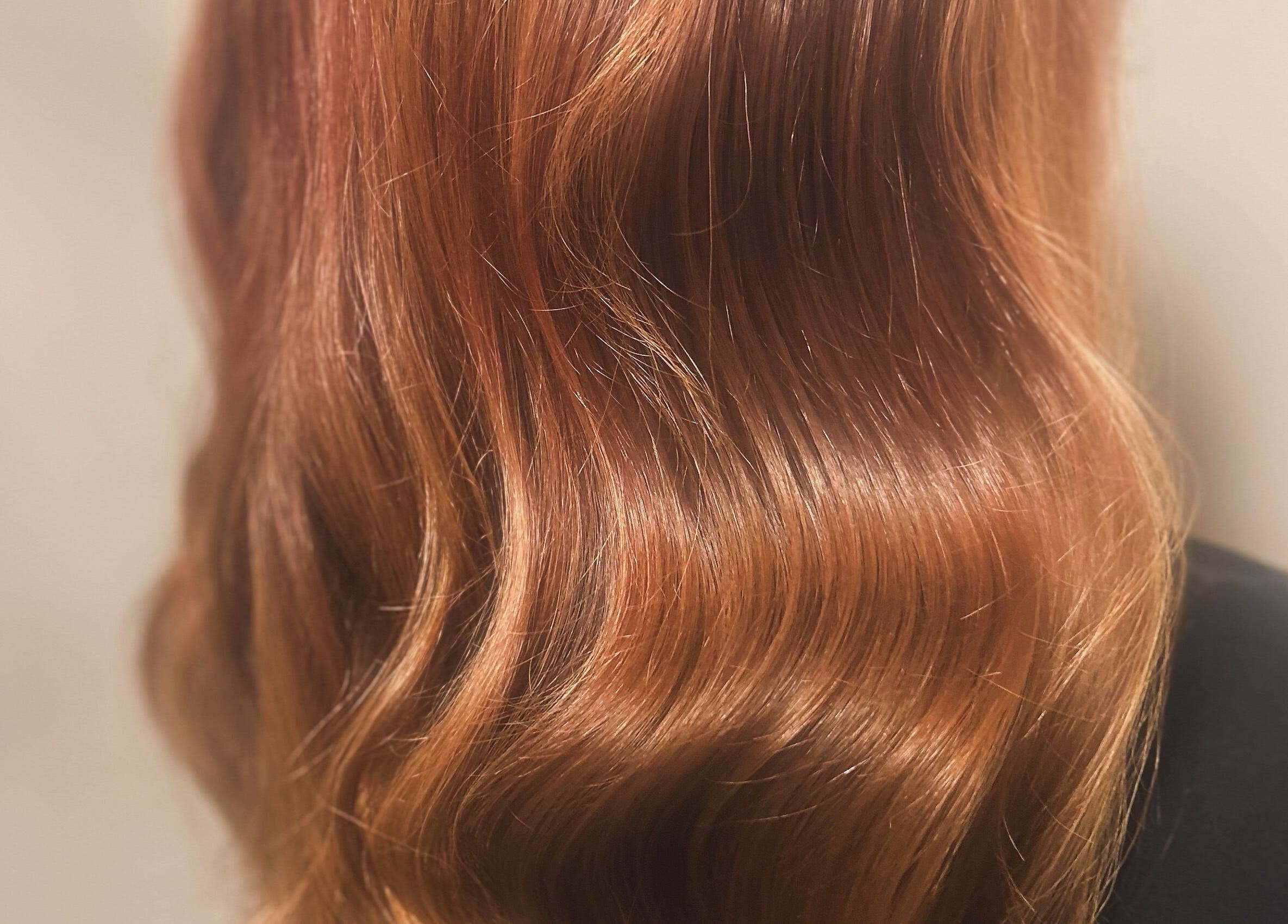 Shiny copper hair styled at Justine’s Hair and Barbering, Elgin, Scotland, GB.