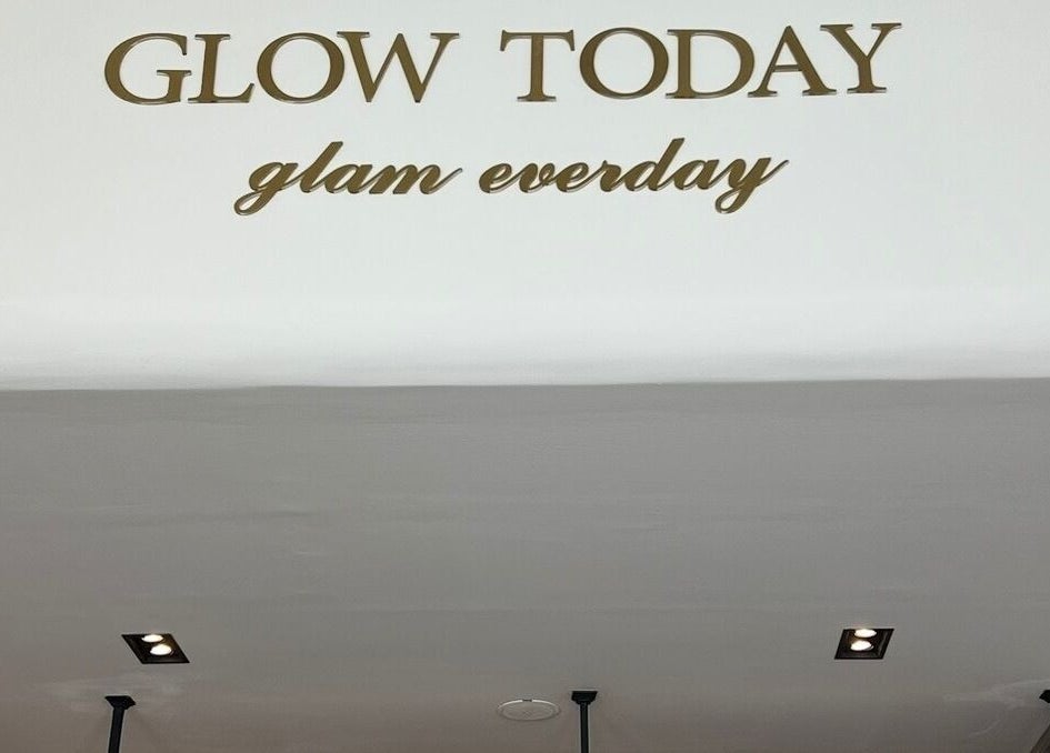 Ceiling with 'Glow Today, Glam Everyday' at Lilyas Beauty Salon, Al Khobar, Eastern Province, SA.