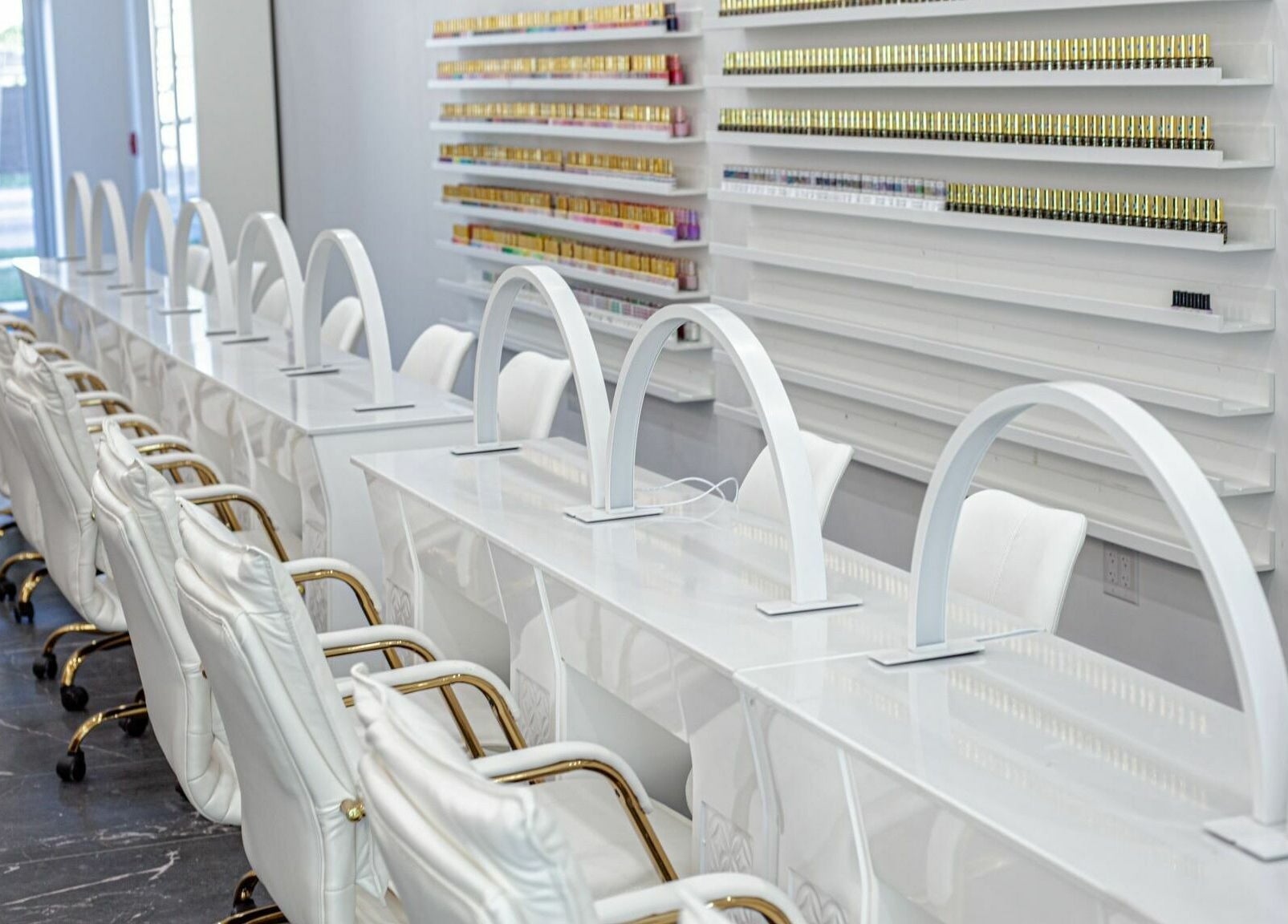 Elegant nail salon with sleek white design at Chilliwack Nails, Chilliwack, British Columbia, CA.