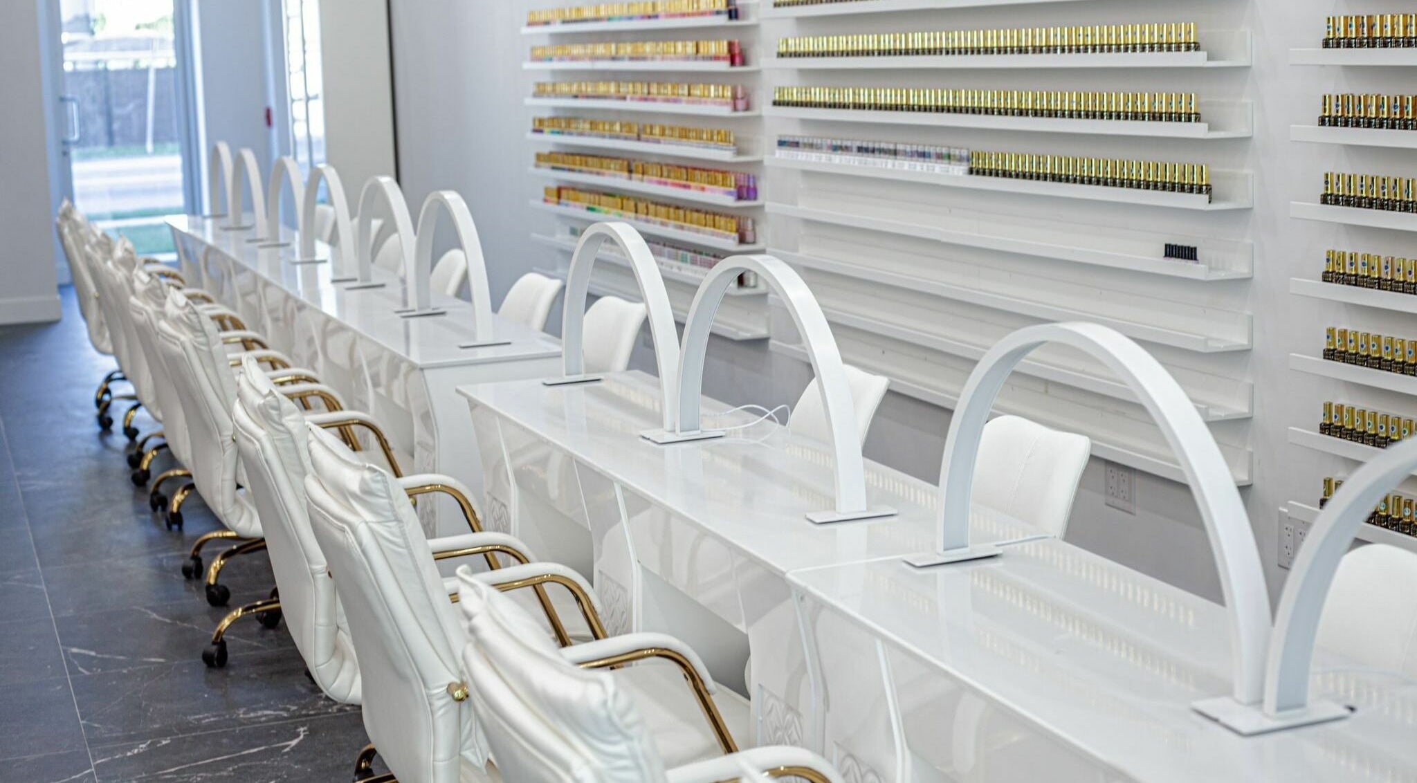 Elegant nail salon with sleek white design at Chilliwack Nails, Chilliwack, British Columbia, CA.