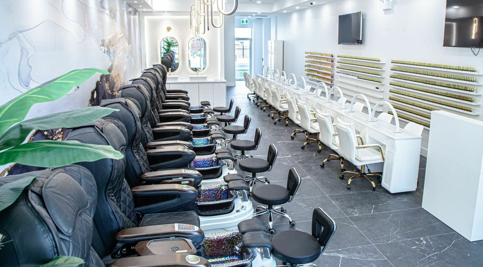 Chic interiors of Chilliwack Nails in Chilliwack, British Columbia, CA, featuring plush seating and modern decor.