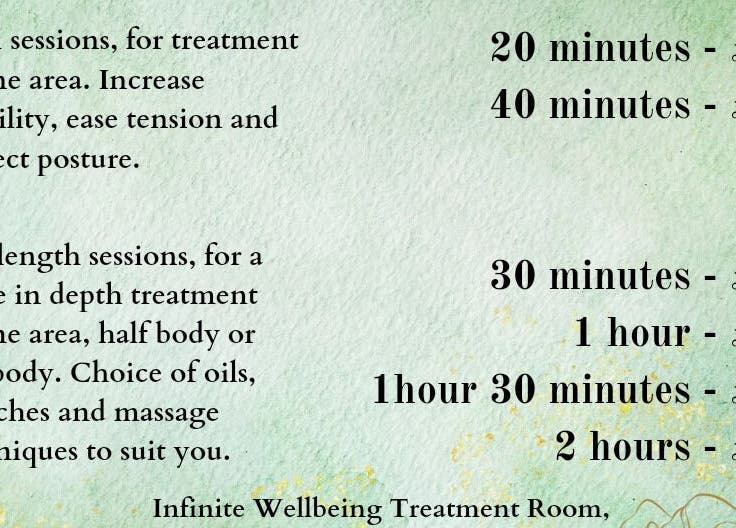 Massage session options at Charlotte Rose Sports Massage (Infinite Wellbeing), Heanor, England, GB.