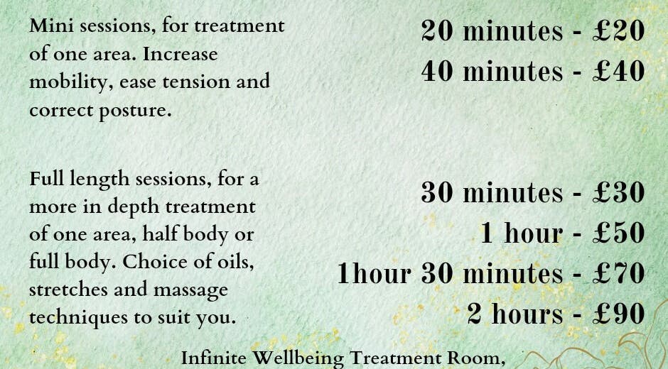 Massage session options at Charlotte Rose Sports Massage (Infinite Wellbeing), Heanor, England, GB.