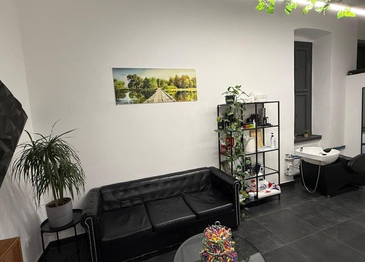 Modern szalon belső Mensalon Budapest, Magyar, HU. Fekete bőrkanapé és növények.