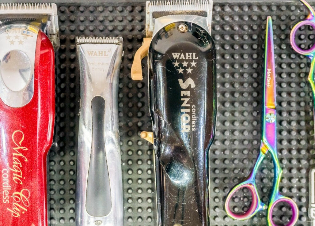 Professional clippers and colorful scissors at Rex and Ross Barber - Newtown, Victoria, AU.