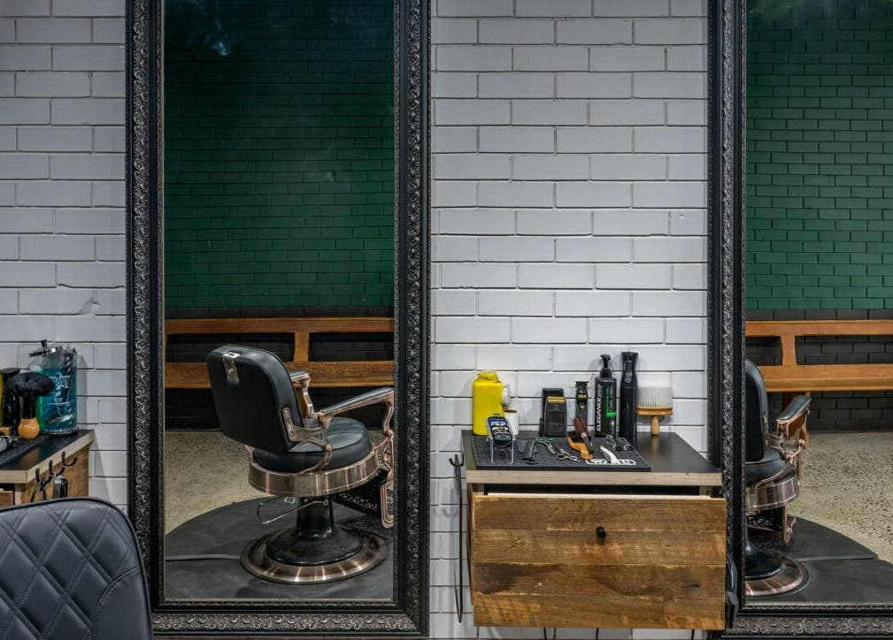 Rex and Ross Barber - Geelong West interior with stylish chair and tools. Geelong West, Victoria, AU.