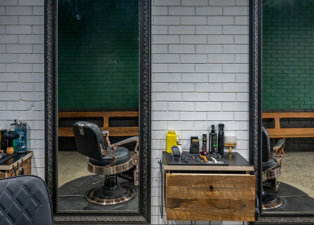 Rex and Ross Barber - Geelong West interior with stylish chair and tools. Geelong West, Victoria, AU.