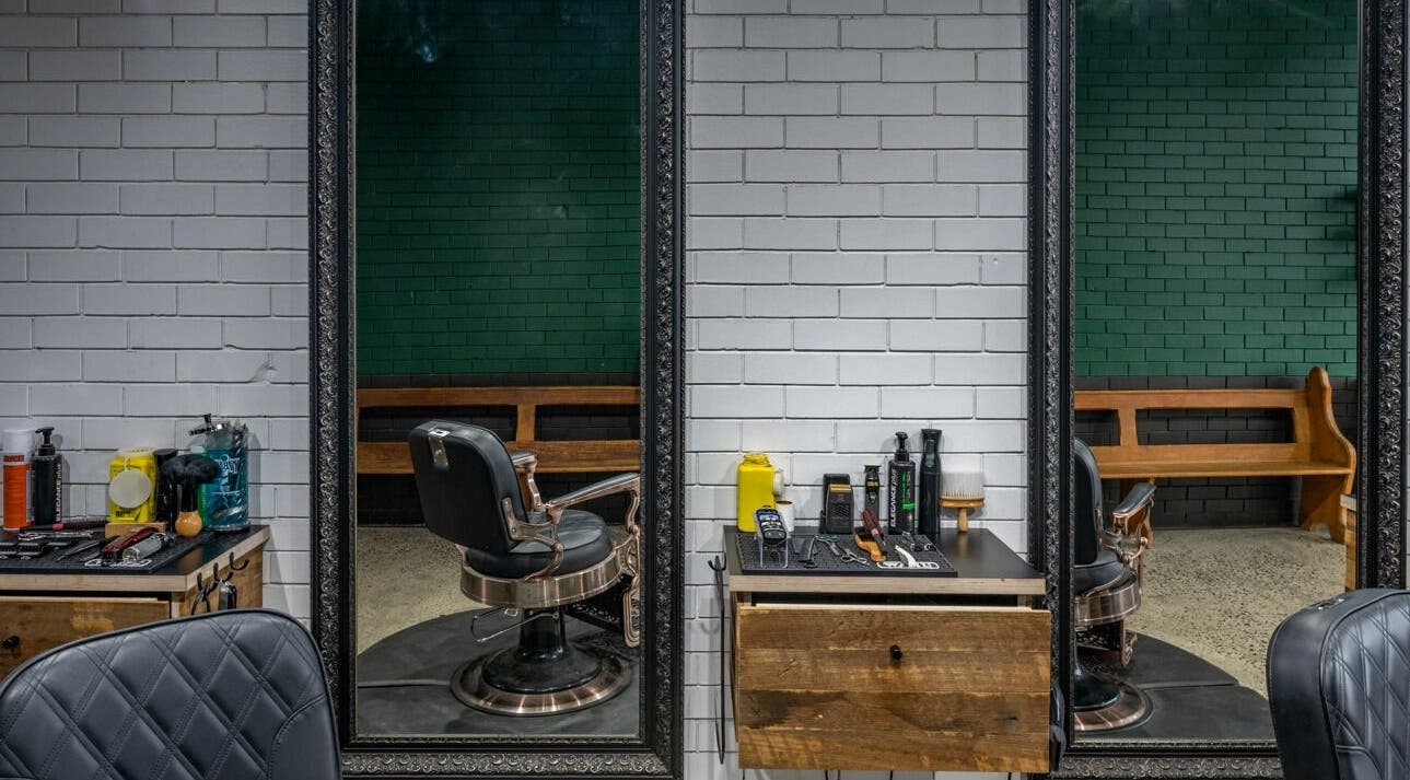 Rex and Ross Barber - Geelong West interior with stylish chair and tools. Geelong West, Victoria, AU.