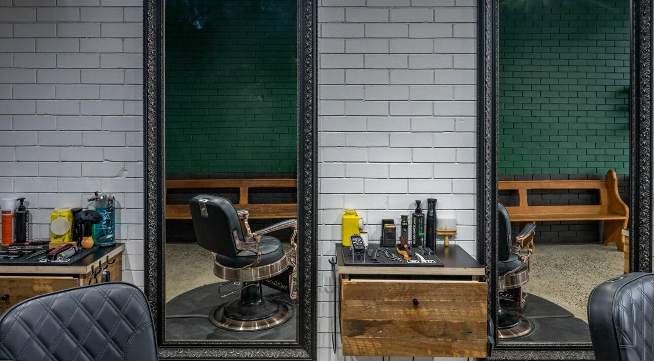 Rex and Ross Barber - Geelong West interior with stylish chair and tools. Geelong West, Victoria, AU.