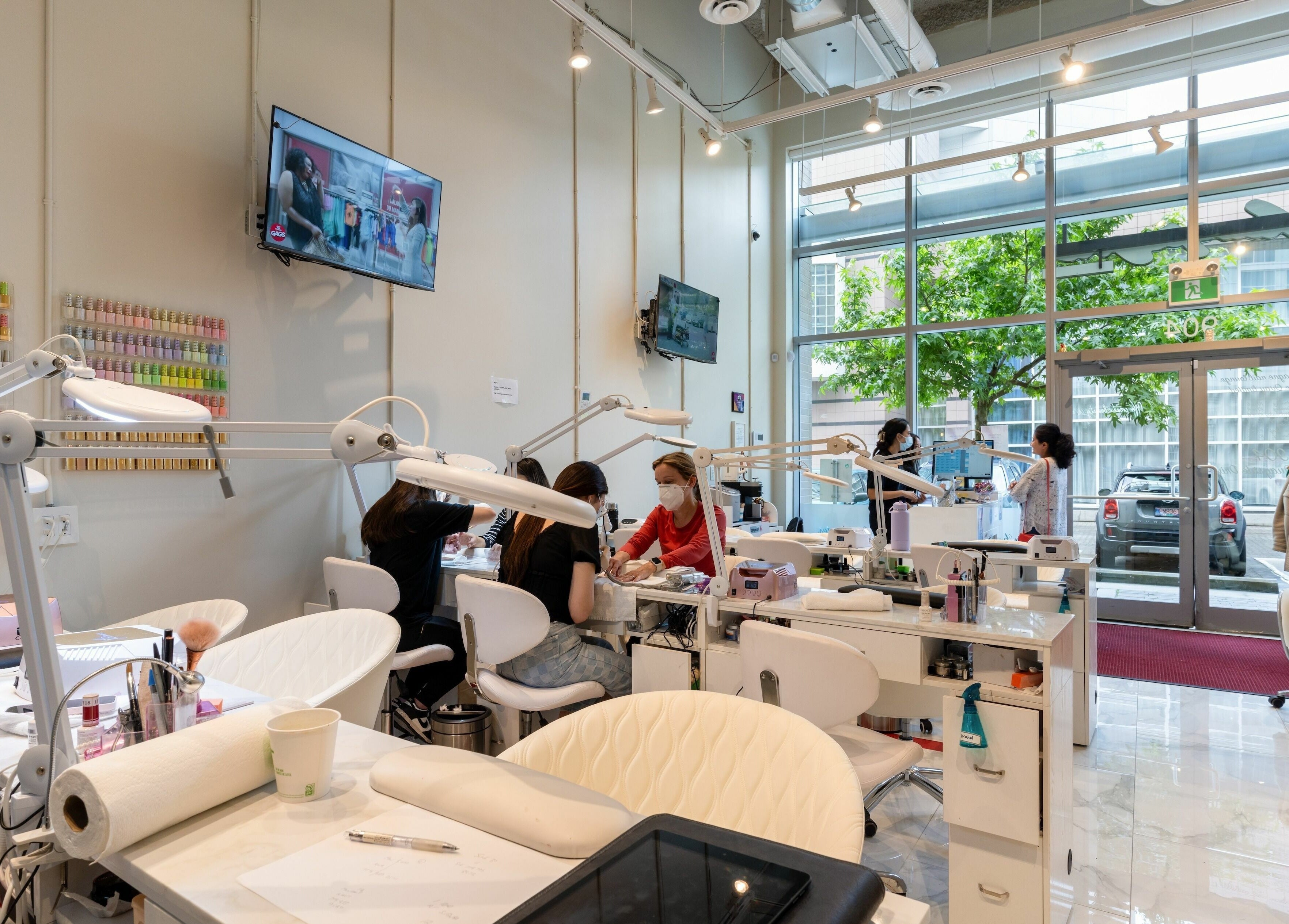 Interior of Champagne Nail Lounge at the Quay, New Westminster, offering elegant nail services.