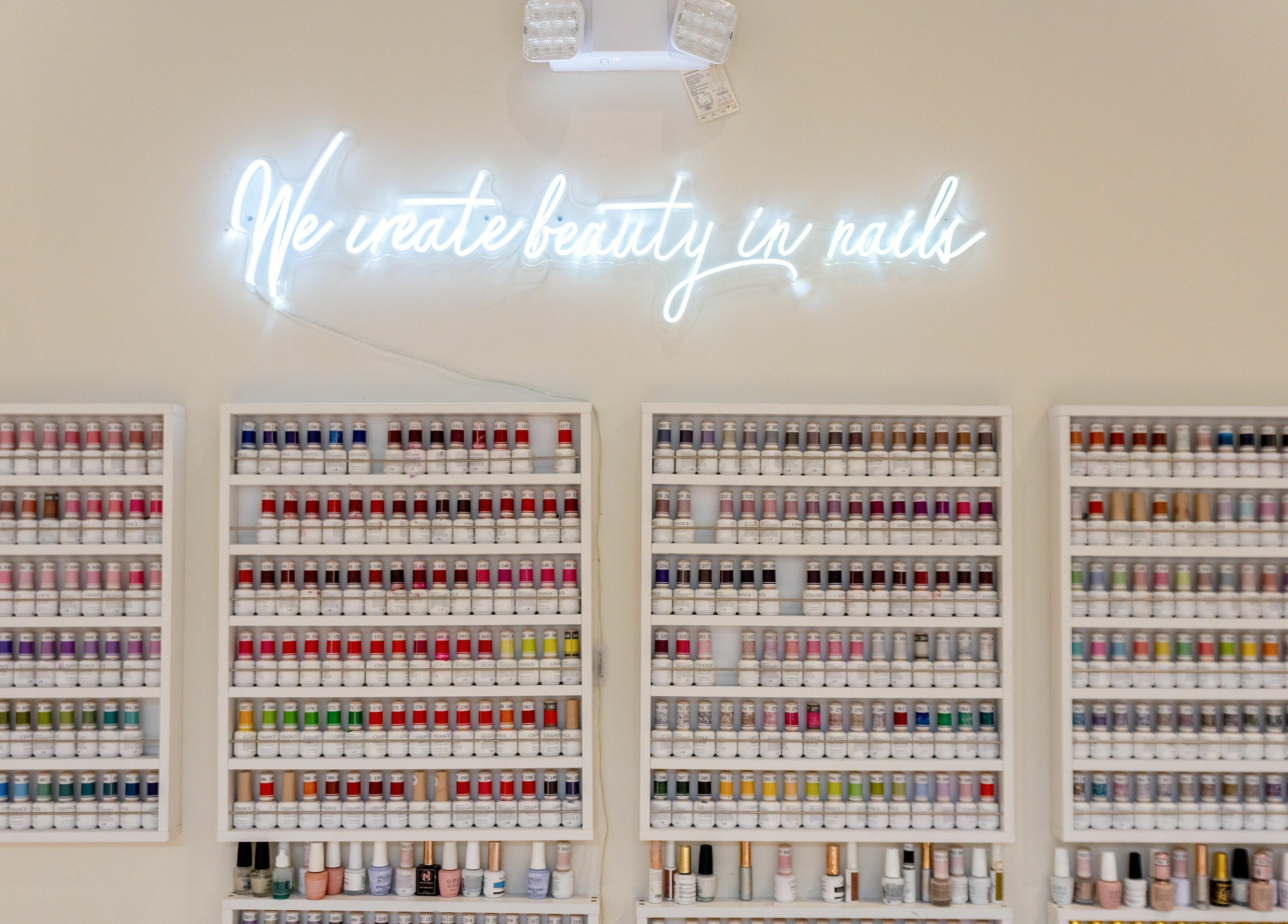 Nail polish display at Champagne Nail Lounge at the Quay, New Westminster, British Columbia, CA.
