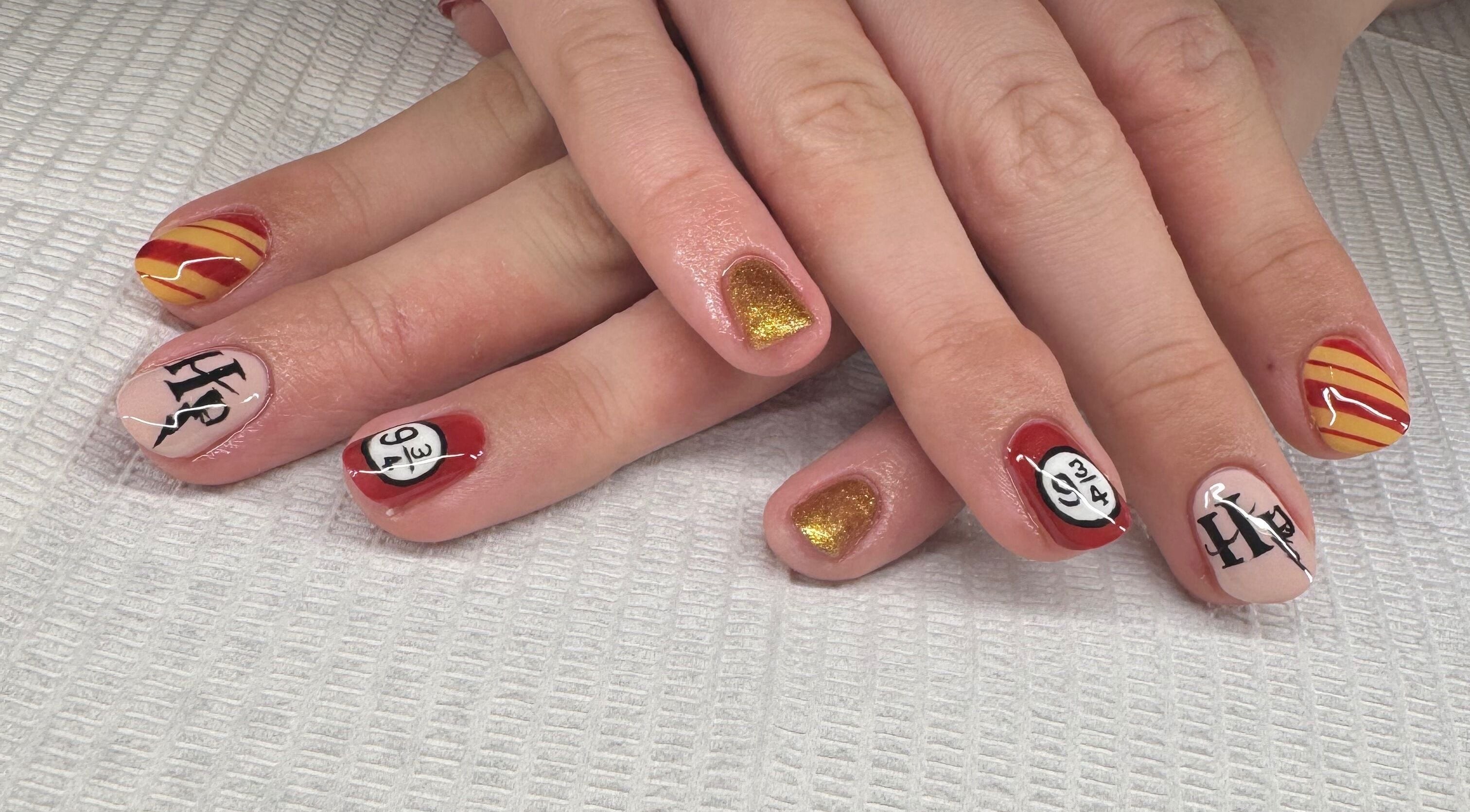 Intricate Harry Potter-themed nail art at Lara McLeish Beauty Box, Rhiwlas, Wales, GB.