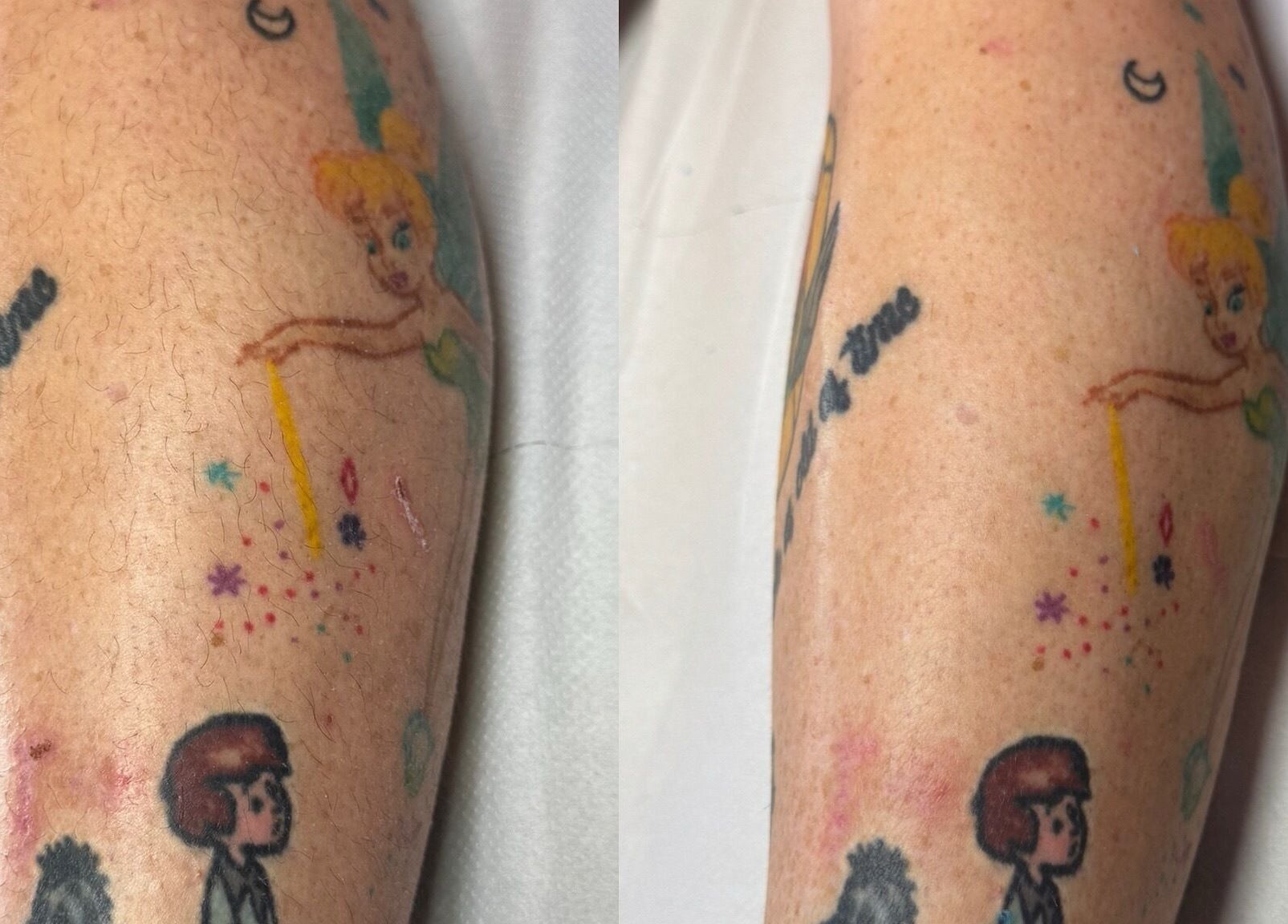 Vibrant cartoon tattoos displayed on an arm at Lara McLeish Beauty Box, Rhiwlas, Wales, GB.