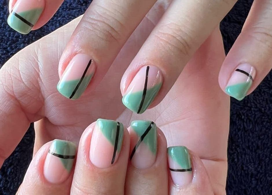 Chic pastel nail art with green accents at Zamabongwe Nails, Cape Town, Western Cape, ZA.