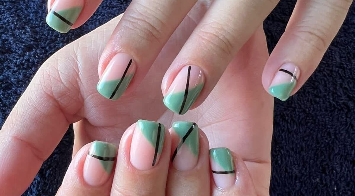 Chic pastel nail art with green accents at Zamabongwe Nails, Cape Town, Western Cape, ZA.