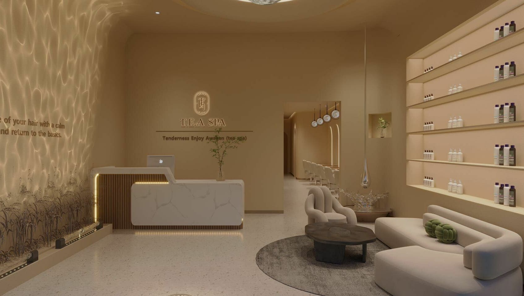 Elegant lobby of Tea Scalp & Hair Spa, Las Vegas, Nevada, US with modern seating and ambient lighting.