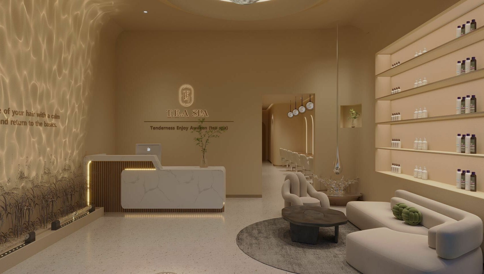 Elegant lobby of Tea Scalp & Hair Spa, Las Vegas, Nevada, US with modern seating and ambient lighting.