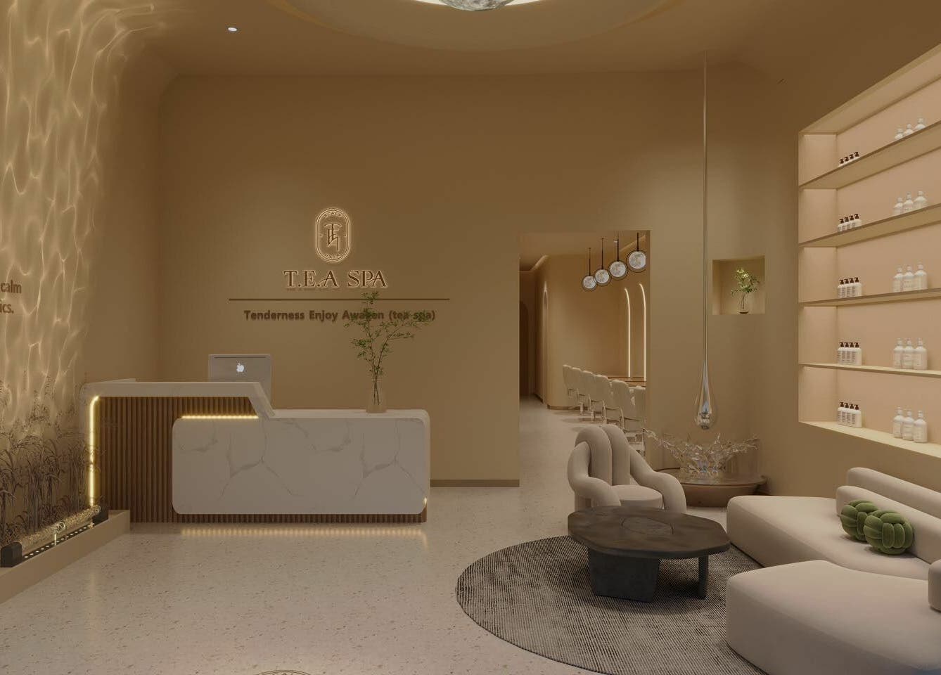 Elegant lobby of Tea Scalp & Hair Spa, Las Vegas, Nevada, US with modern seating and ambient lighting.