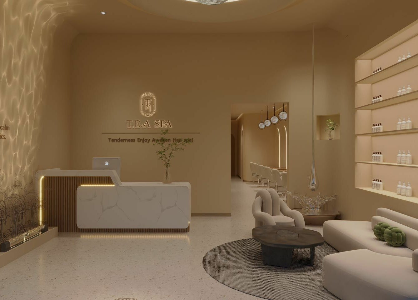 Elegant lobby of Tea Scalp & Hair Spa, Las Vegas, Nevada, US with modern seating and ambient lighting.