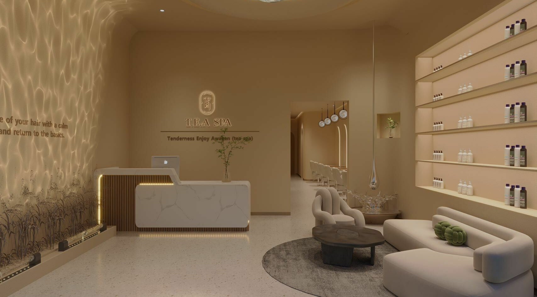 Elegant lobby of Tea Scalp & Hair Spa, Las Vegas, Nevada, US with modern seating and ambient lighting.