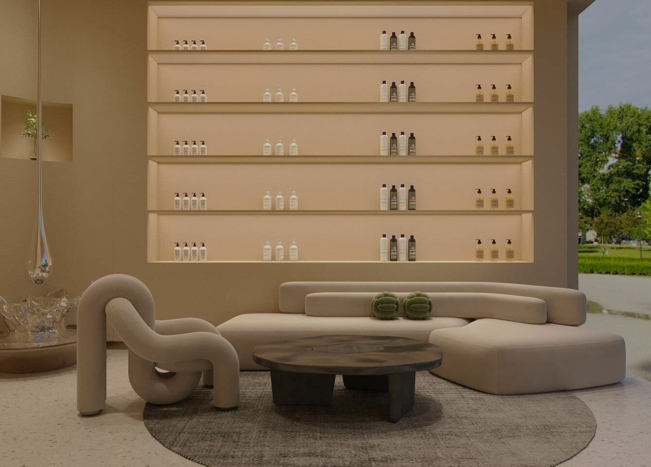 Cozy seating at Tea Scalp & Hair Spa featuring plush couches and product shelves in Las Vegas, Nevada, US.