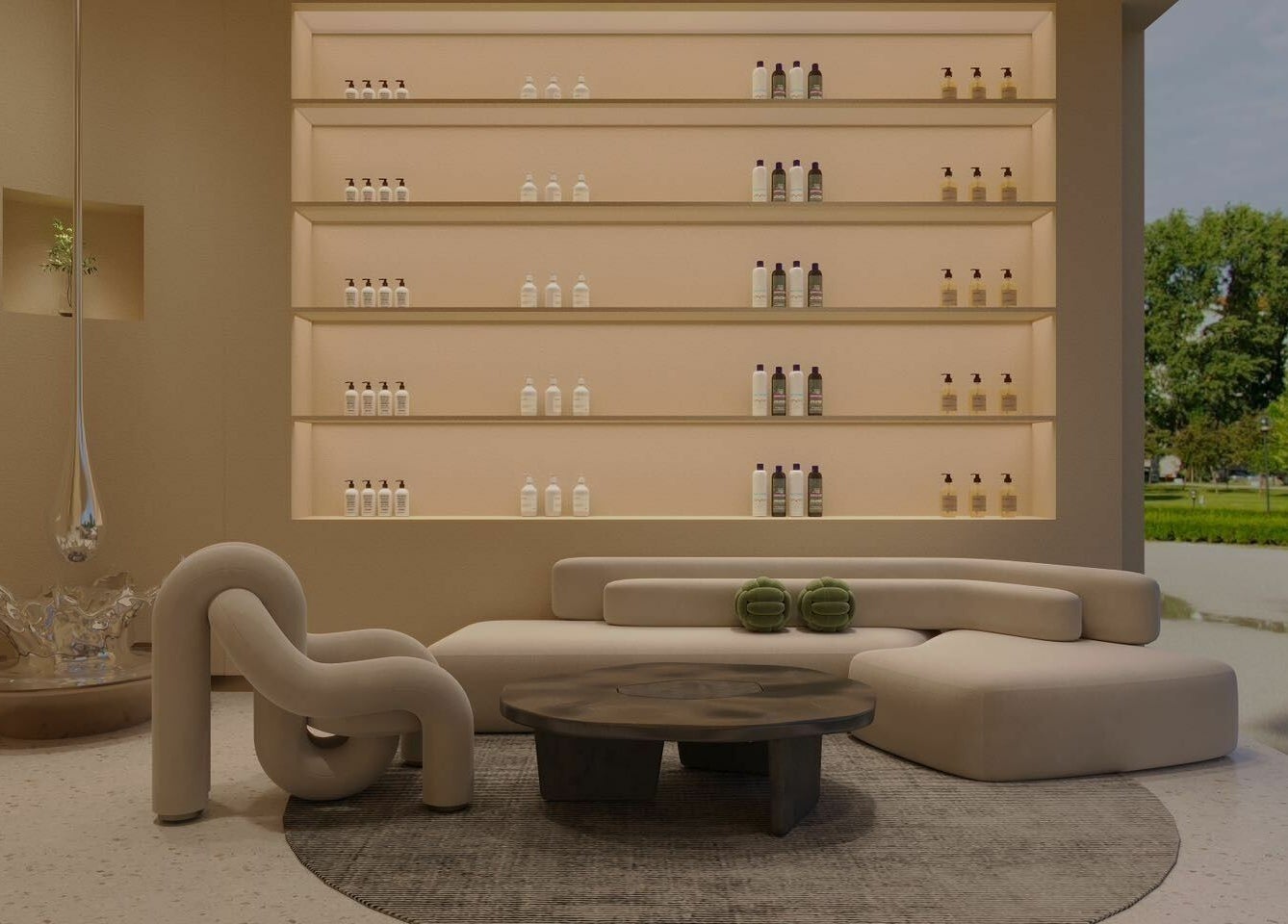 Cozy seating at Tea Scalp & Hair Spa featuring plush couches and product shelves in Las Vegas, Nevada, US.