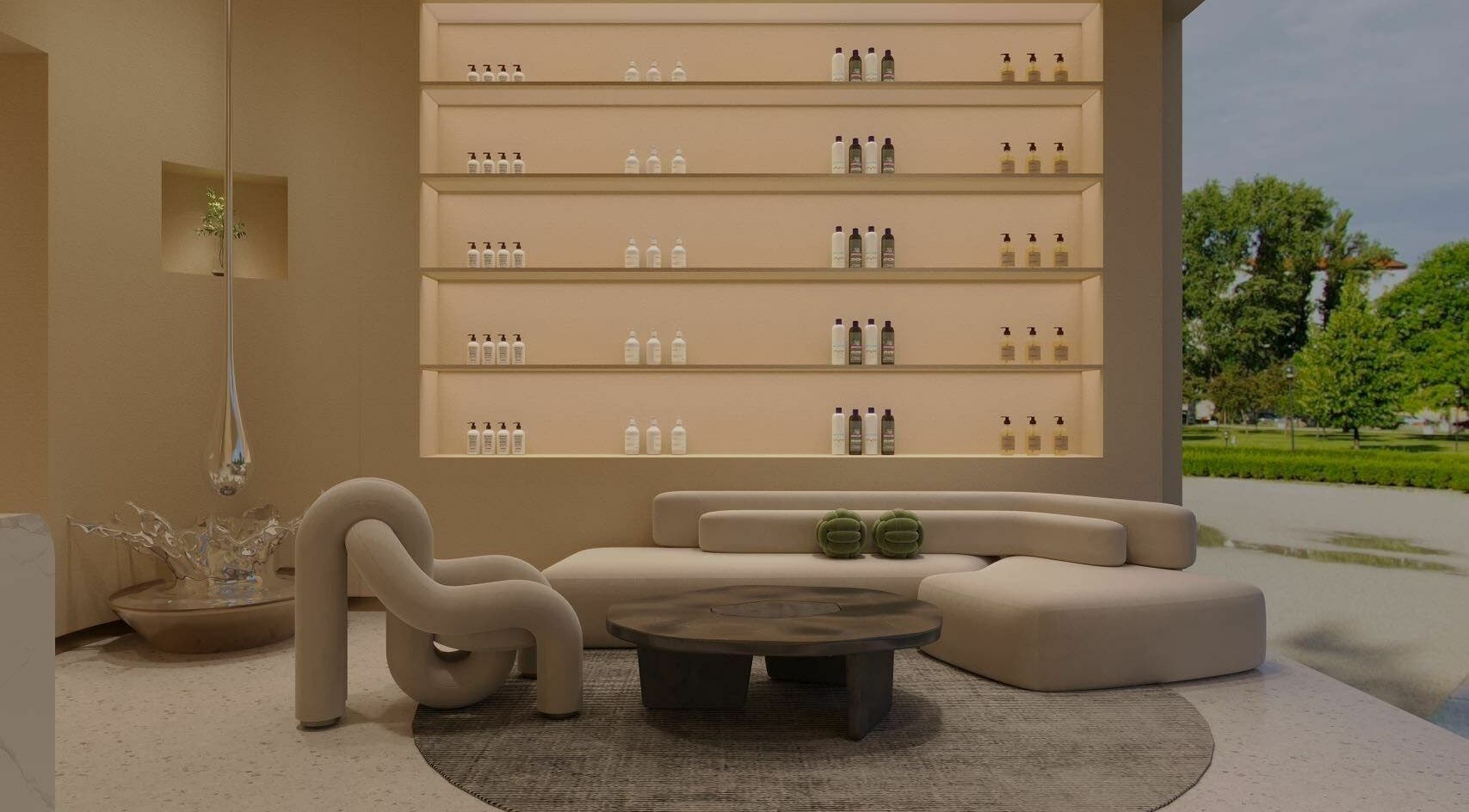 Cozy seating at Tea Scalp & Hair Spa featuring plush couches and product shelves in Las Vegas, Nevada, US.