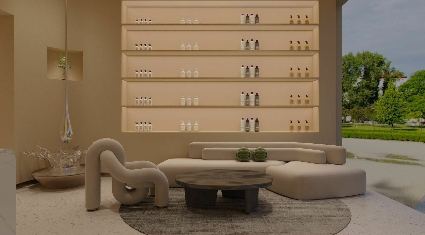 Cozy seating at Tea Scalp & Hair Spa featuring plush couches and product shelves in Las Vegas, Nevada, US.