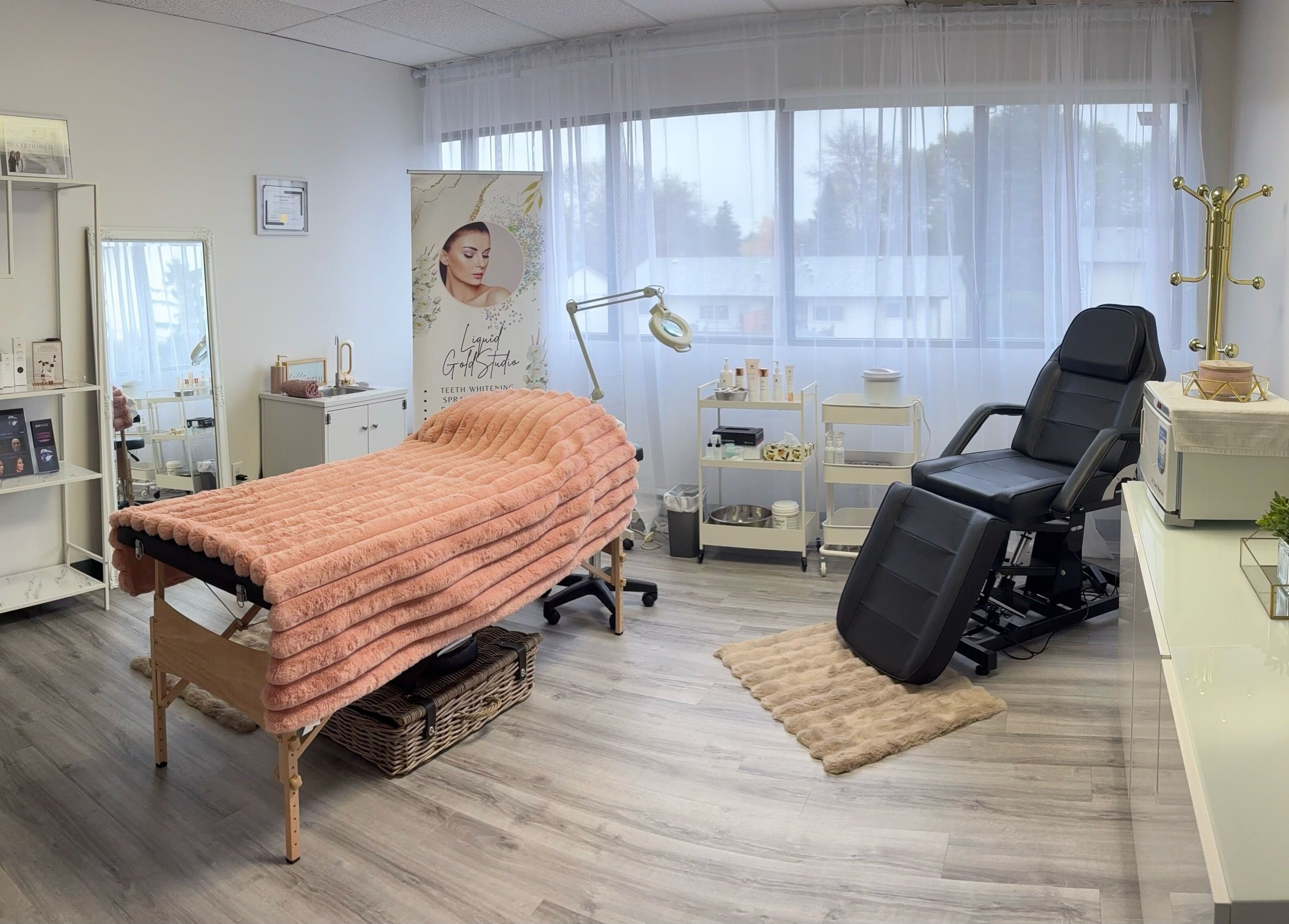 Tranquil treatment room at Liquid Gold Studio, Winnipeg, Manitoba, CA, featuring cozy decor and wellness essentials.