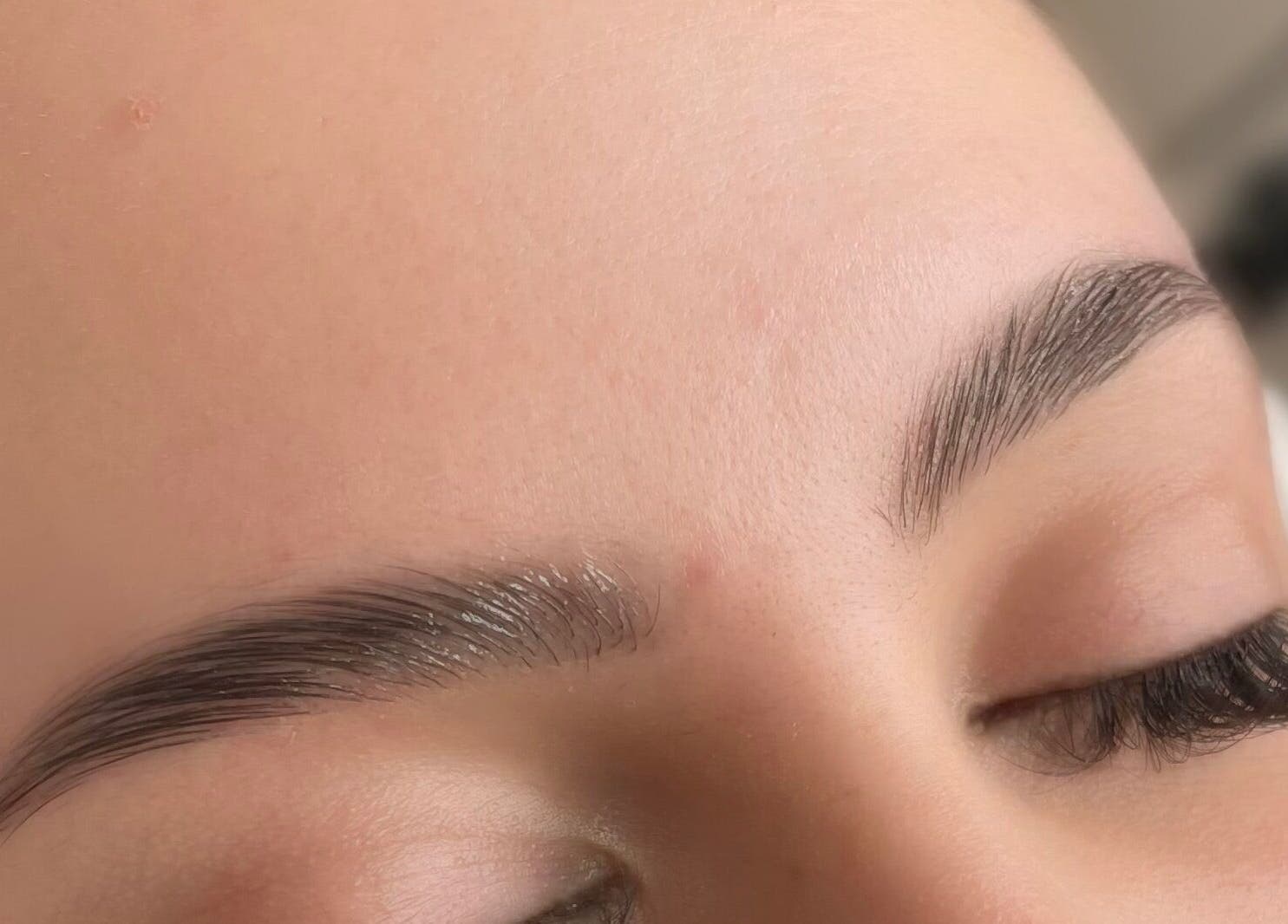 Close-up of expertly shaped eyebrows and lashes at Liquid Gold Studio, Winnipeg, Manitoba, CA.
