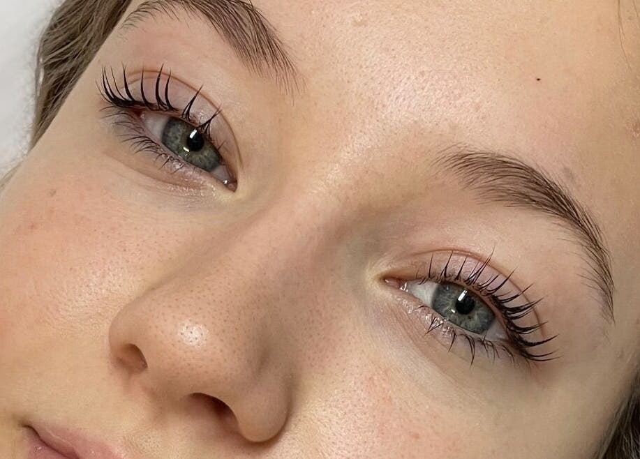 Close-up of beautifully curled eyelashes at Liquid Gold Studio, Winnipeg, Manitoba, CA.
