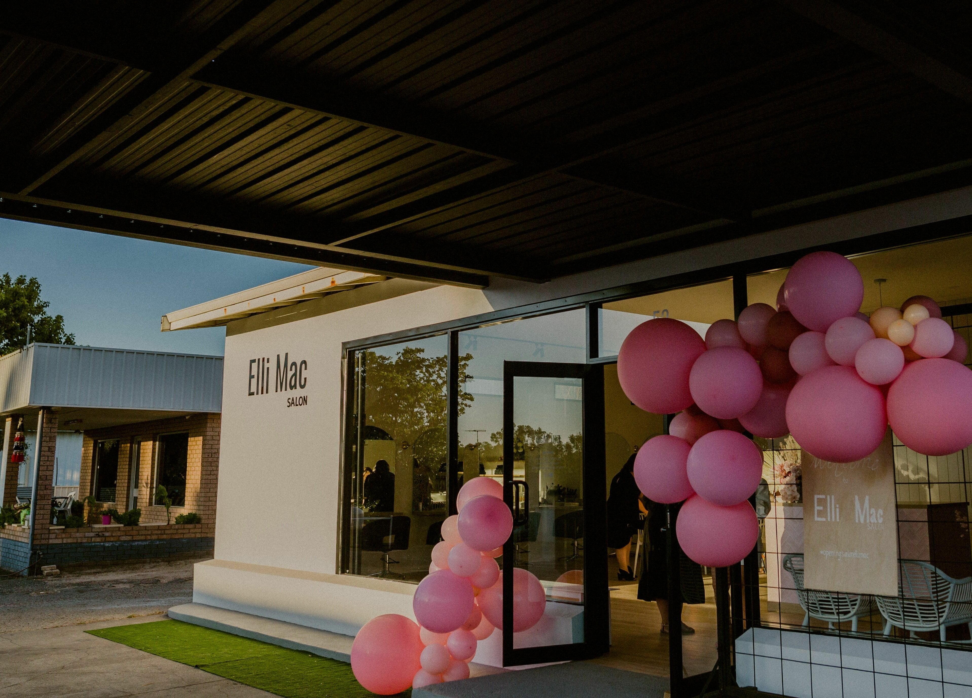 Stylish entrance of Elli Mac Salon in Waroona, Western Australia, AU adorned with pink balloons.