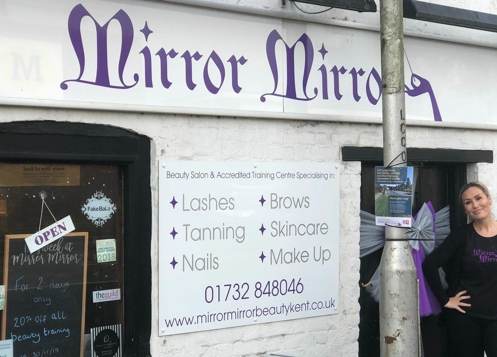 Front view of Mirror Mirror beauty salon in Aylesford, England, GB showcasing services like skincare and makeup.