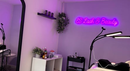 Stylish interior of ES Lash and Beauty located in Kidderminster, England, GB with neon lighting.