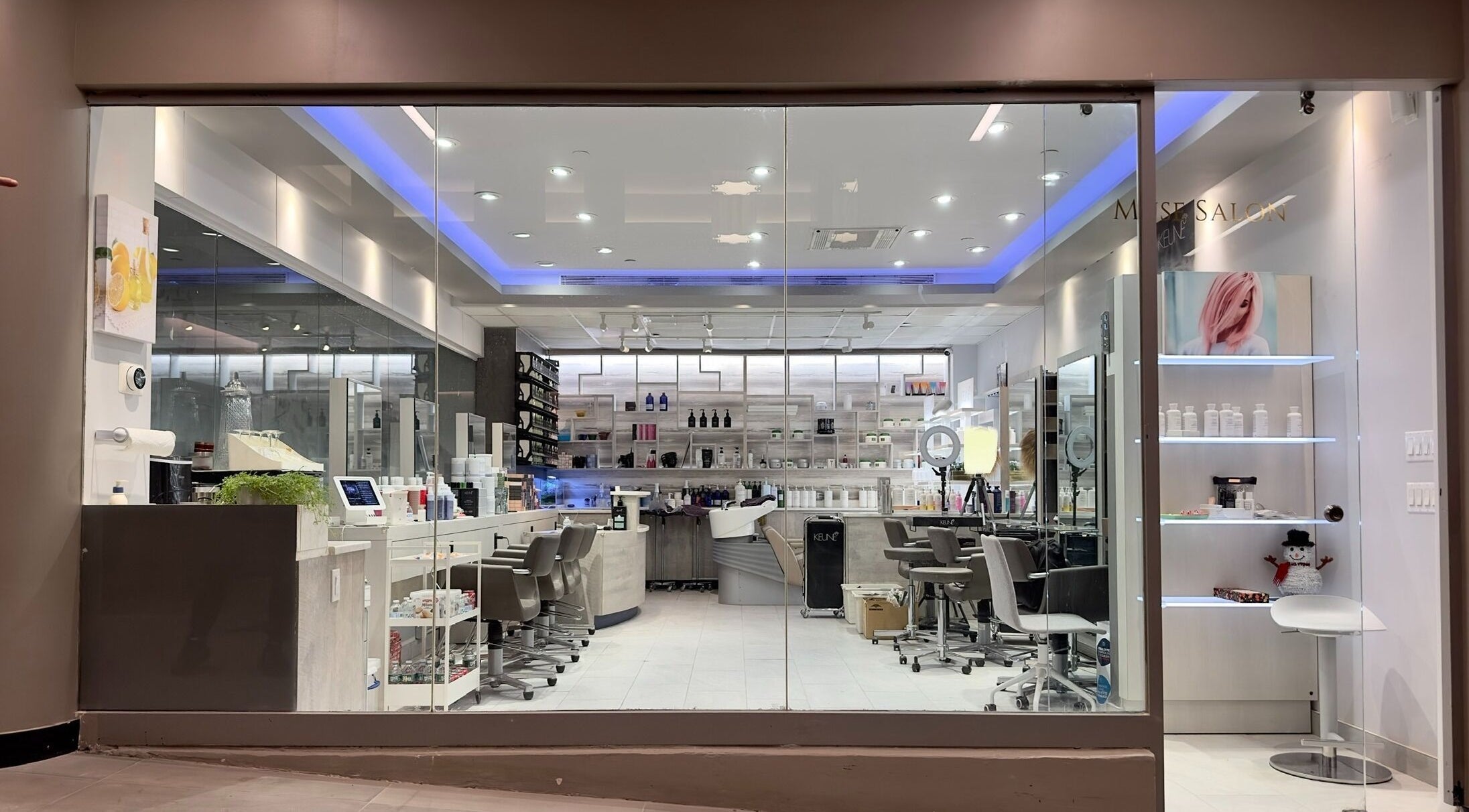 Stylish interior of Nova Salon shows modern decor in New York, New York, US.