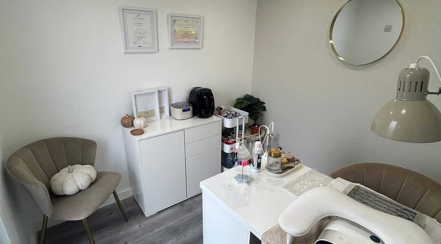 Elegant nail salon interior at Millie Cooper Nails, Failsworth, England, GB with modern decor.