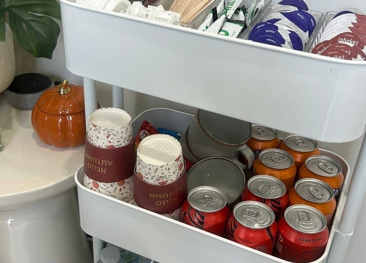 Refreshment station at Millie Cooper Nails, Failsworth, England, GB with drinks and autumn-themed decor.