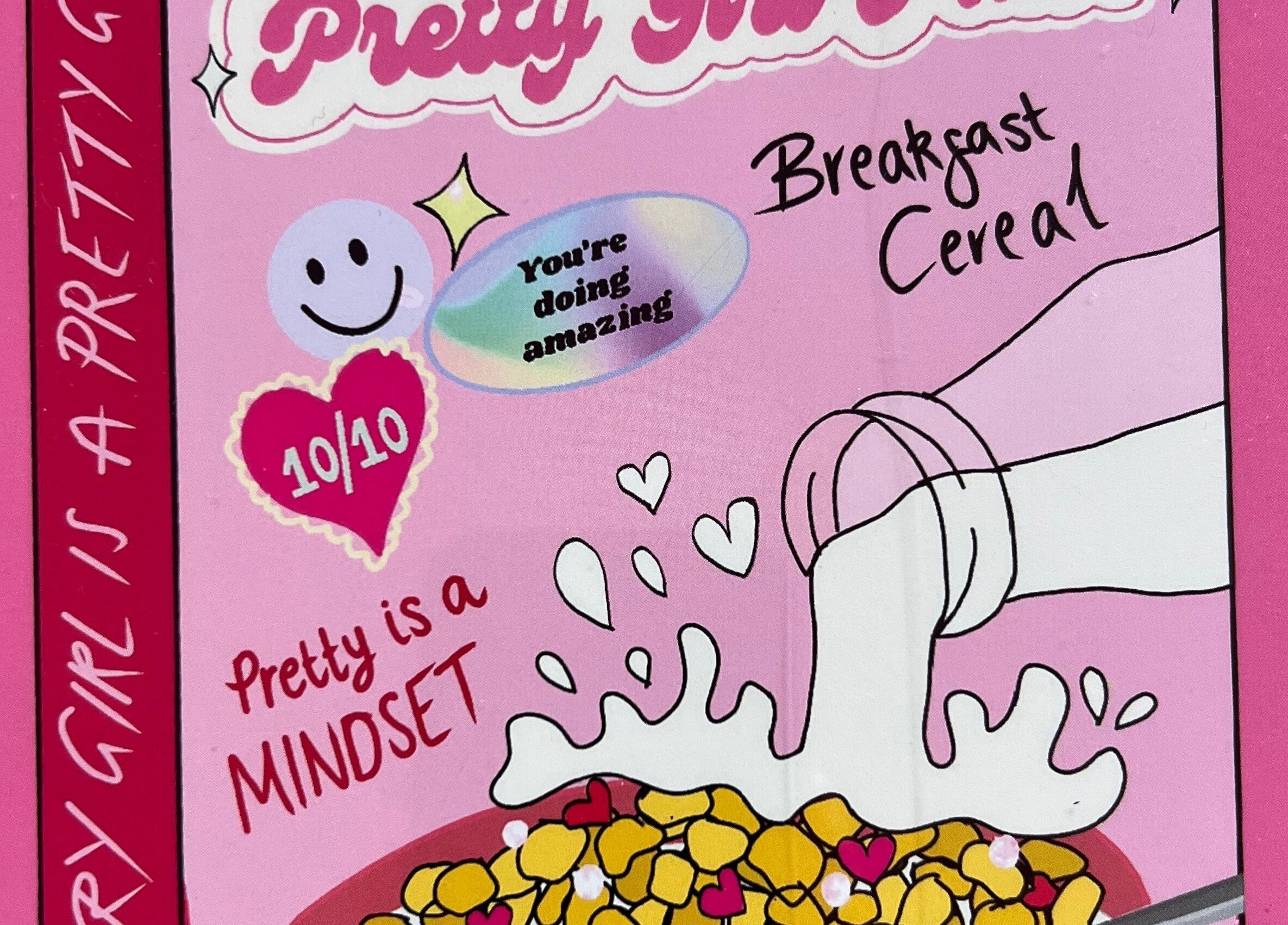 "Pretty Please" pink cereal box with positive messages, Bristol, England, GB.