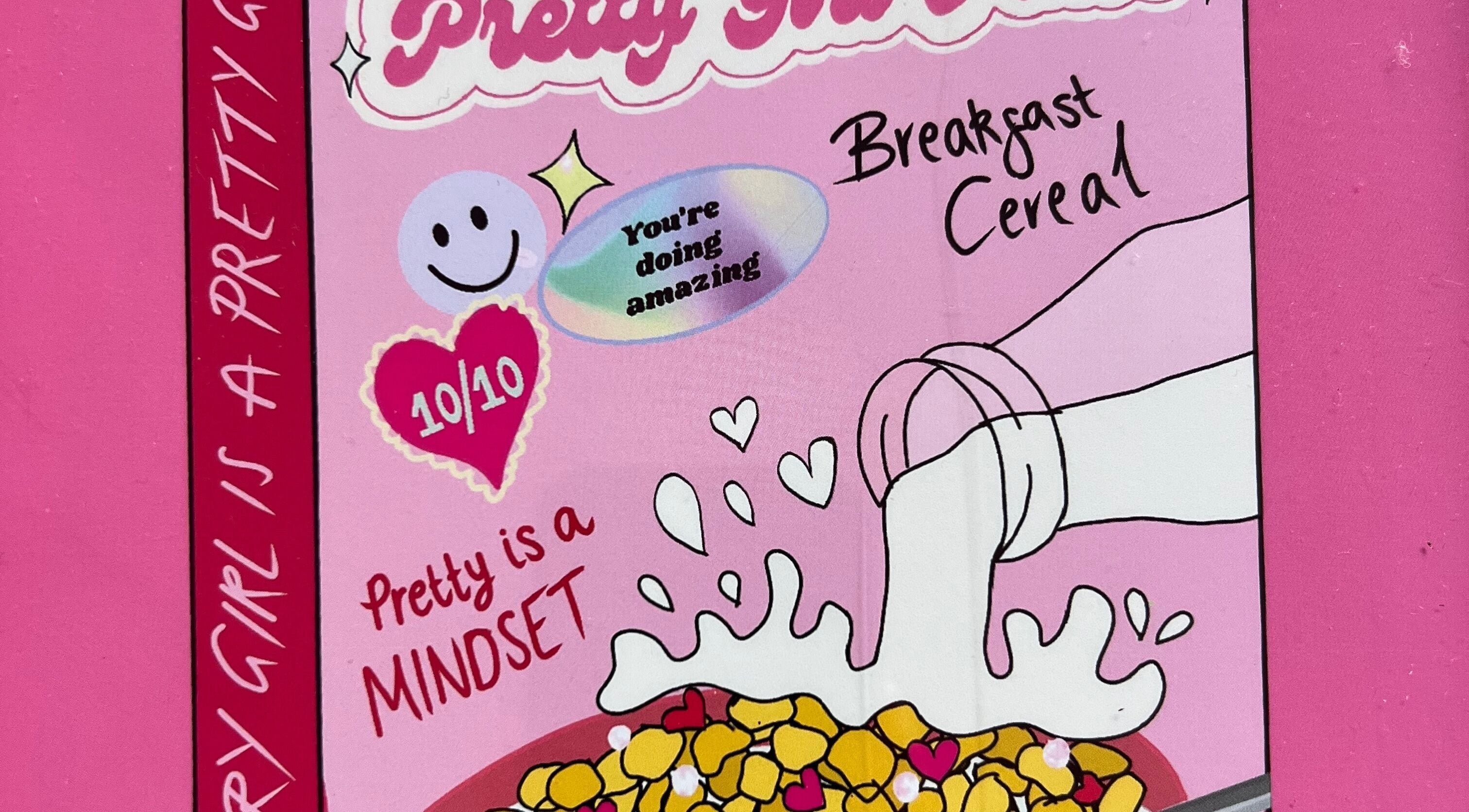 "Pretty Please" pink cereal box with positive messages, Bristol, England, GB.
