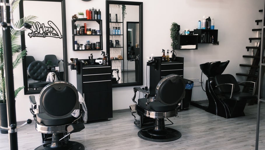 Interior of Level Up Barber Shop in Egkomi, Nicosia, CY showing stylish barber chairs and grooming products.