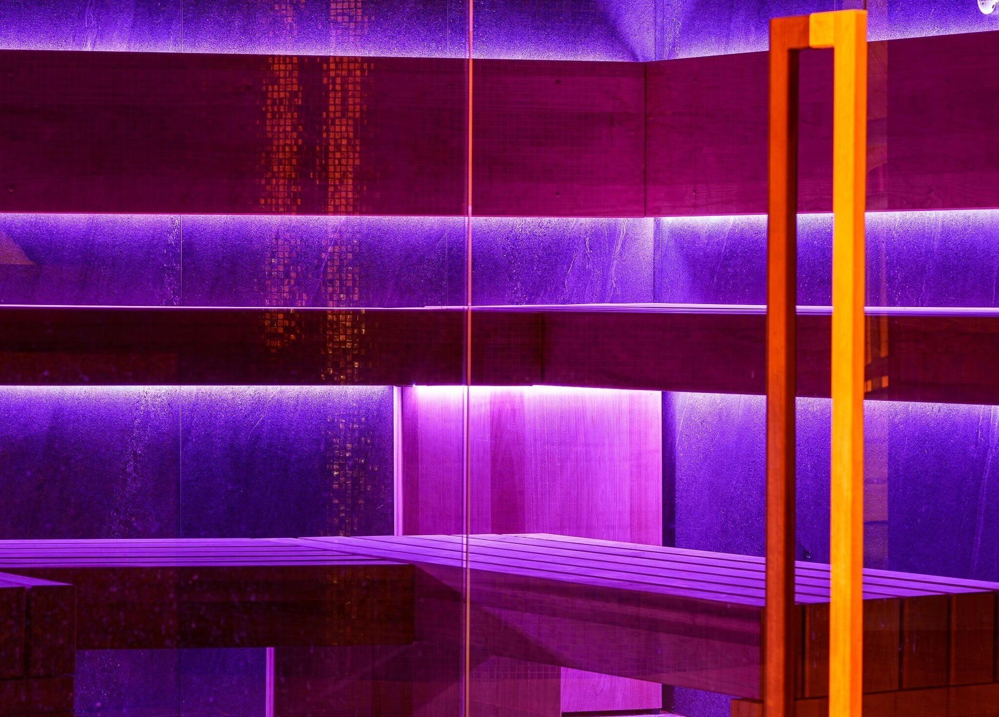 Elegant sauna with purple lighting at Vassa Spa BOR Hotel by Karisma, Zlatibor, Serbia, RS.