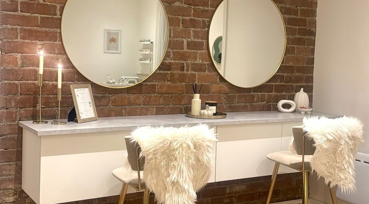 Modern vanity area with mirrors at Sunday Studio, Horbury, Wakefield, England, GB.